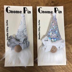 Silver Christmas Gnome Pin Brooch Gift Guide Bow Magnetic Handmade Iridescent